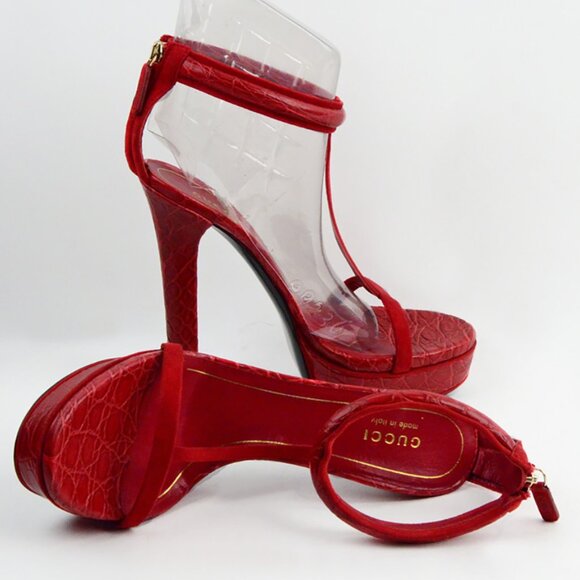 GUCCI SHOES LEIGHT CROCODILE LEATHER T-STRAP PLATFORM SANDALS sz 37.5 7.5 - Picture 5 of 8